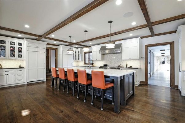 Interior, Kitchen, Pendant Lights, Recessed Lighting, Stainless Steel Appliances, Wooden Beams, Wood Texture Flooring