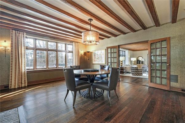 Chandelier, Dining room, Interior, Wooden Beams, Wood Texture Flooring