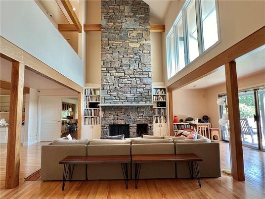 Fireplace, Interior, Living room, Stone Walls, Wood Texture Flooring