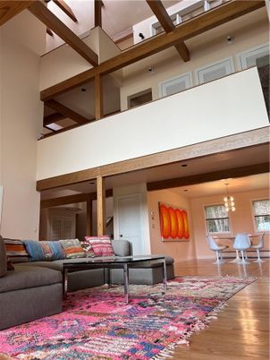 Chandelier, Dining room, Interior, Living room, Recessed Lighting, Wooden Beams, Wood Texture Flooring