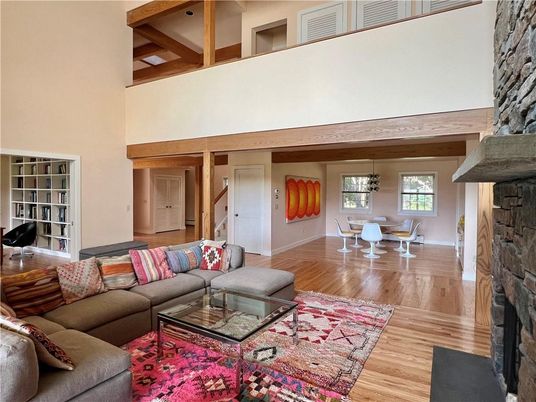 Dining room, Fireplace, Interior, Living room, Pendant Lights, Wooden Beams, Wood Texture Flooring
