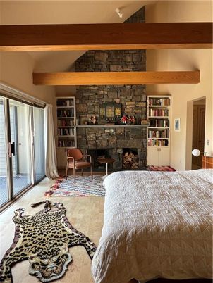 Bedroom, Fireplace, Interior, Stone Walls, Wooden Beams