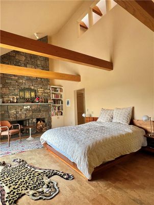 Bedroom, Fireplace, Interior, Stone Walls, Wooden Beams