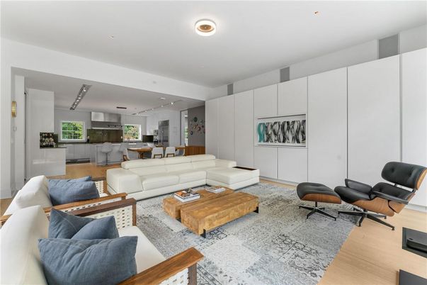 Dining room, Interior, Kitchen, Living room, Recessed Lighting, Wood Texture Flooring