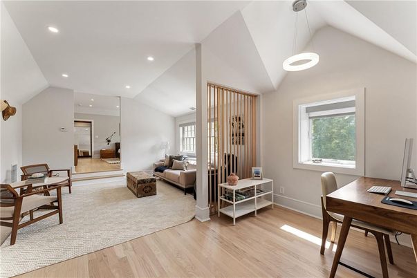 Home Office, Interior, Living room, Pendant Lights, Recessed Lighting, Wood Texture Flooring