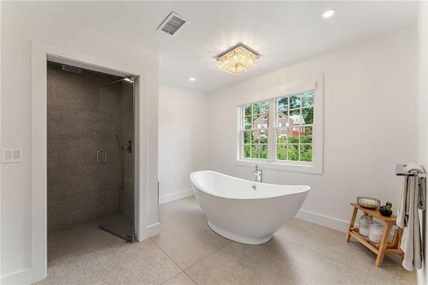 Bathroom, Free Standing Baths, Glass Shower, Interior, Recessed Lighting