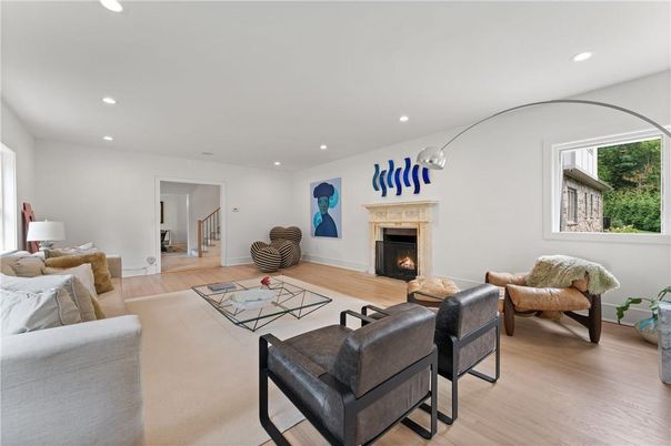 Fireplace, Interior, Living room, Recessed Lighting, Wood Texture Flooring