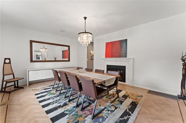 Chandelier, Dining room, Fireplace, Interior, Wood Texture Flooring