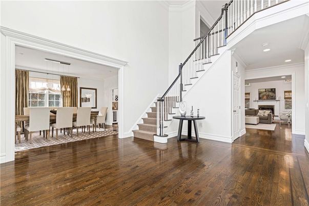 Dining room, Interior, Pendant Lights, Recessed Lighting, Wood Texture Flooring
