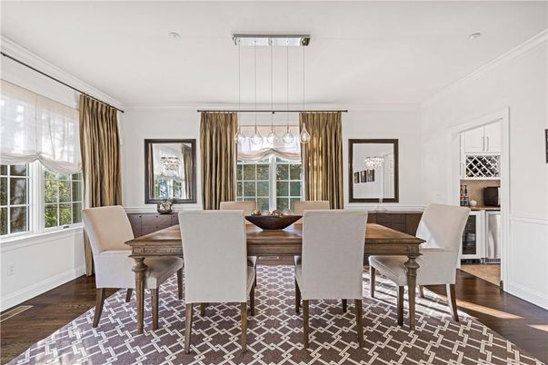 Dining room, Interior, Pendant Lights, Wood Texture Flooring