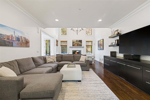 Fireplace, Interior, Living room, Recessed Lighting, Wood Texture Flooring