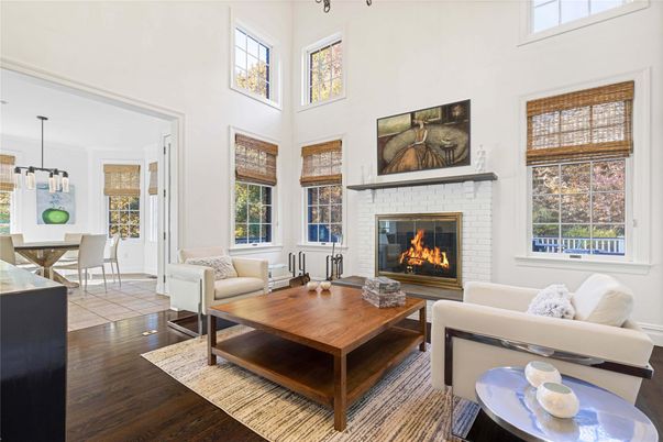Dining room, Fireplace, Interior, Living room, Pendant Lights, Wood Texture Flooring
