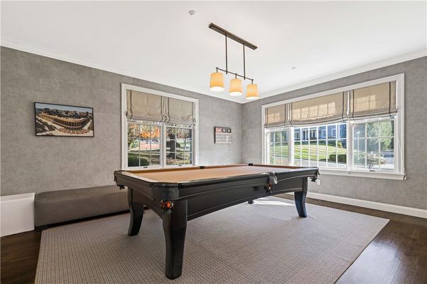 Billiard Table, Game Room, Interior, Pendant Lights, Wood Texture Flooring