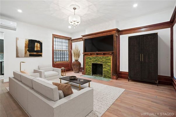 Chandelier, Fireplace, Interior, Living room, Recessed Lighting, Wood Texture Flooring