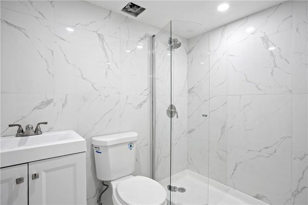 Bathroom, Glass Shower, Interior, Marble Walls, Recessed Lighting