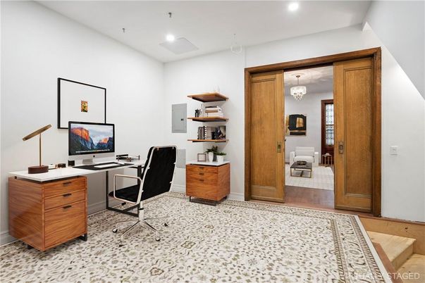 Chandelier, Home Office, Interior, Recessed Lighting, Wood Texture Flooring