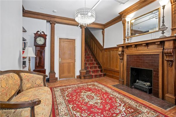 Chandelier, Fireplace, Interior