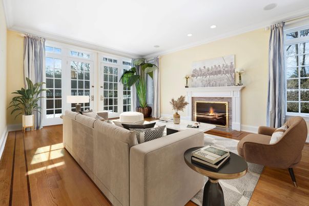 Fireplace, Interior, Living room, Recessed Lighting, Wood Texture Flooring