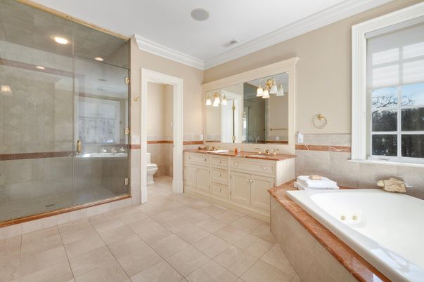 Bathroom, Dual Sink Vanities, Glass Shower, Interior, Recessed Lighting