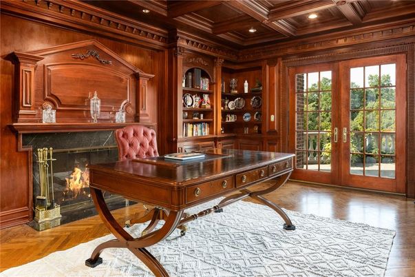 Fireplace, Home Office, Interior, Recessed Lighting, Wooden Beams, Wooden Ceilings, Wood Texture Flooring, Wooden Walls