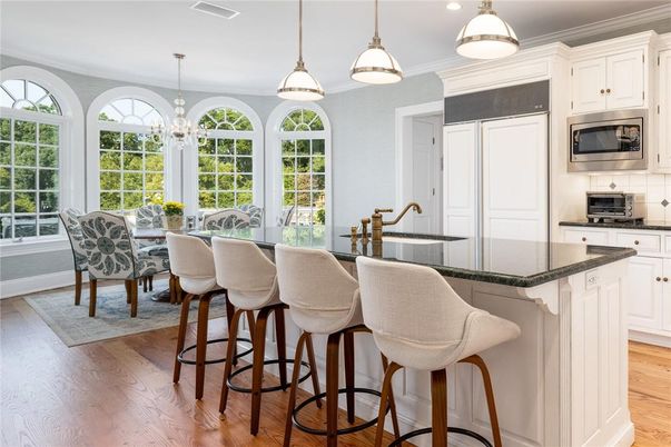 Dining room, Interior, Kitchen, Pendant Lights, Stainless Steel Appliances, Wood Texture Flooring