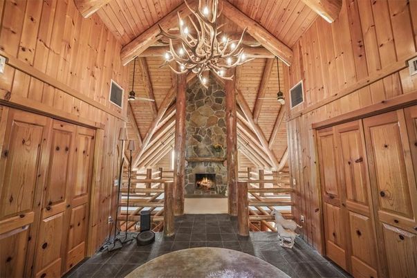 Chandelier, Fireplace, Interior, Wooden Beams, Wooden Ceilings, Wooden Walls