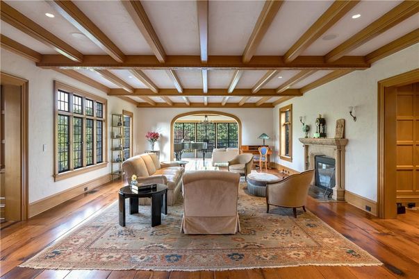 Fireplace, Interior, Living room, Recessed Lighting, Wooden Beams, Wood Texture Flooring