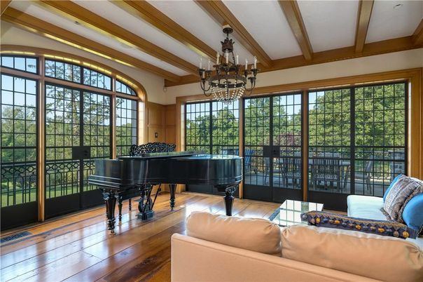 Chandelier, Interior, Living room, Piano, Wooden Beams, Wood Texture Flooring
