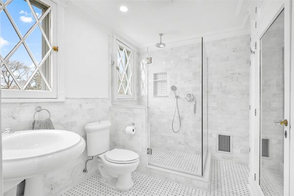 Bathroom, Glass Shower, Interior, Marble Walls, Recessed Lighting