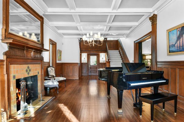 Chandelier, Fireplace, Interior, Piano, Wood Texture Flooring
