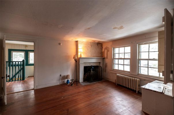 Empty room, Fireplace, Interior, Stone Walls, Wood Texture Flooring