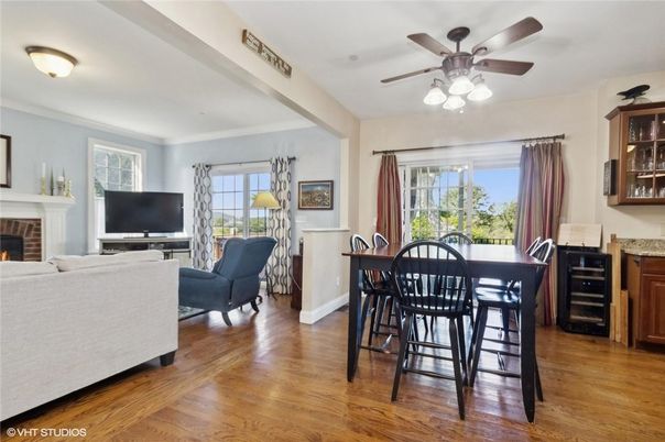 Dining room, Fireplace, Interior, Living room, Wood Texture Flooring