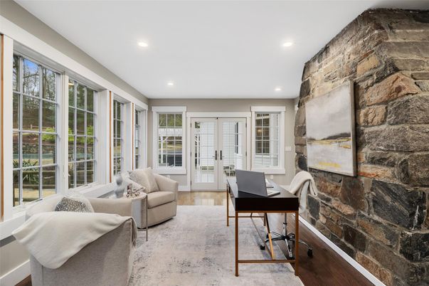 Home Office, Interior, Recessed Lighting, Stone Walls, Wood Texture Flooring