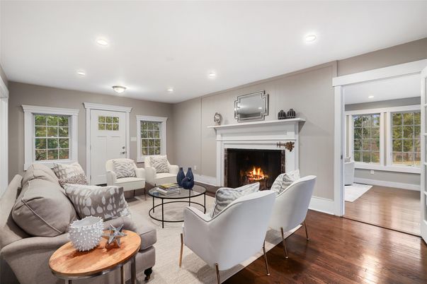 Fireplace, Interior, Living room, Recessed Lighting, Wood Texture Flooring