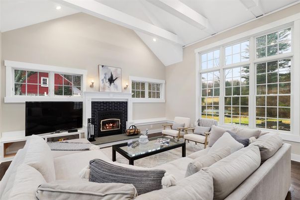 Fireplace, Interior, Living room, Recessed Lighting, Wood Texture Flooring