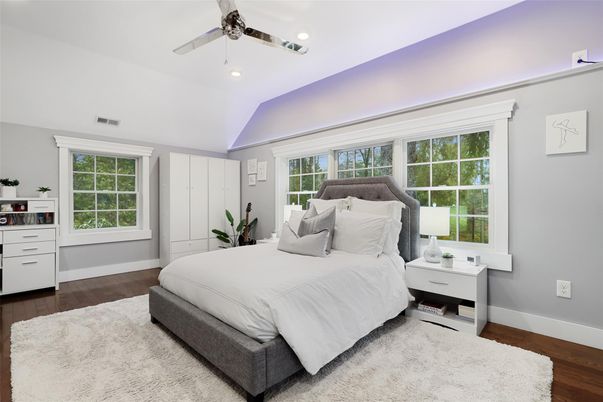 Bedroom, Interior, Recessed Lighting, Wood Texture Flooring