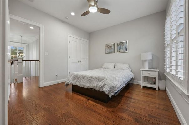 Bedroom, Interior, Pendant Lights, Recessed Lighting, Wood Texture Flooring