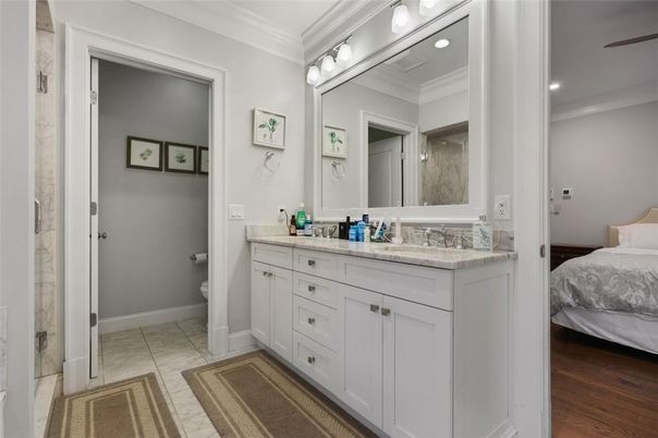 Bathroom, Bedroom, Dual Sink Vanities, Interior, Recessed Lighting, Wood Texture Flooring