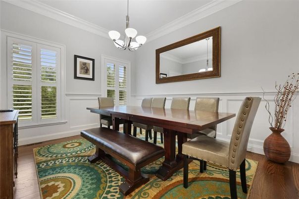 Chandelier, Dining room, Interior, Wood Texture Flooring