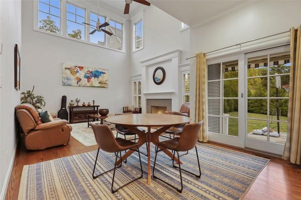Dining room, Fireplace, Interior, Wood Texture Flooring