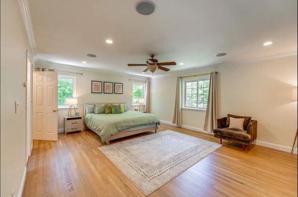 Bedroom, Interior, Recessed Lighting, Wood Texture Flooring