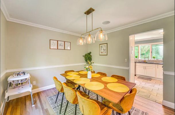 Dining room, Interior, Pendant Lights, Wood Texture Flooring