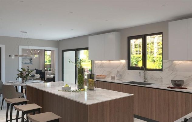 Interior, Kitchen, Marble Walls, Pendant Lights, Recessed Lighting