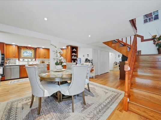Dining room, Interior, Kitchen, Recessed Lighting, Stainless Steel Appliances, Wood Texture Flooring