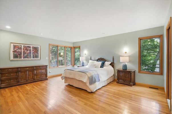 Bedroom, Interior, Recessed Lighting, Wood Texture Flooring