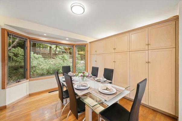 Dining room, Interior, Recessed Lighting, Wood Texture Flooring
