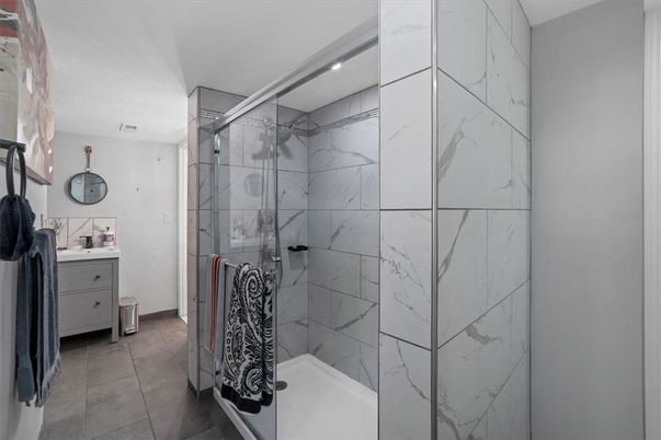 Bathroom, Glass Shower, Interior, Marble Walls, Recessed Lighting
