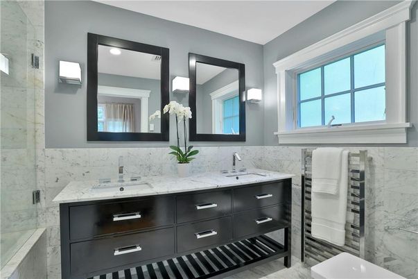 Bathroom, Dual Sink Vanities, Glass Shower, Interior, Marble Walls