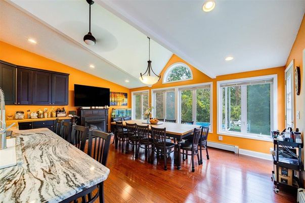 Dining room, Interior, Kitchen, Pendant Lights, Recessed Lighting, Wood Texture Flooring