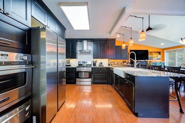Interior, Kitchen, Pendant Lights, Recessed Lighting, Stainless Steel Appliances, Wood Texture Flooring